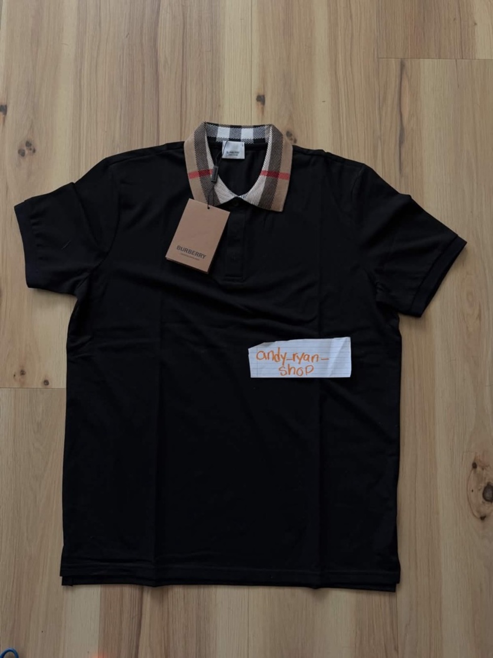 Burberry Black Polo with Iconic Beige Check Collar